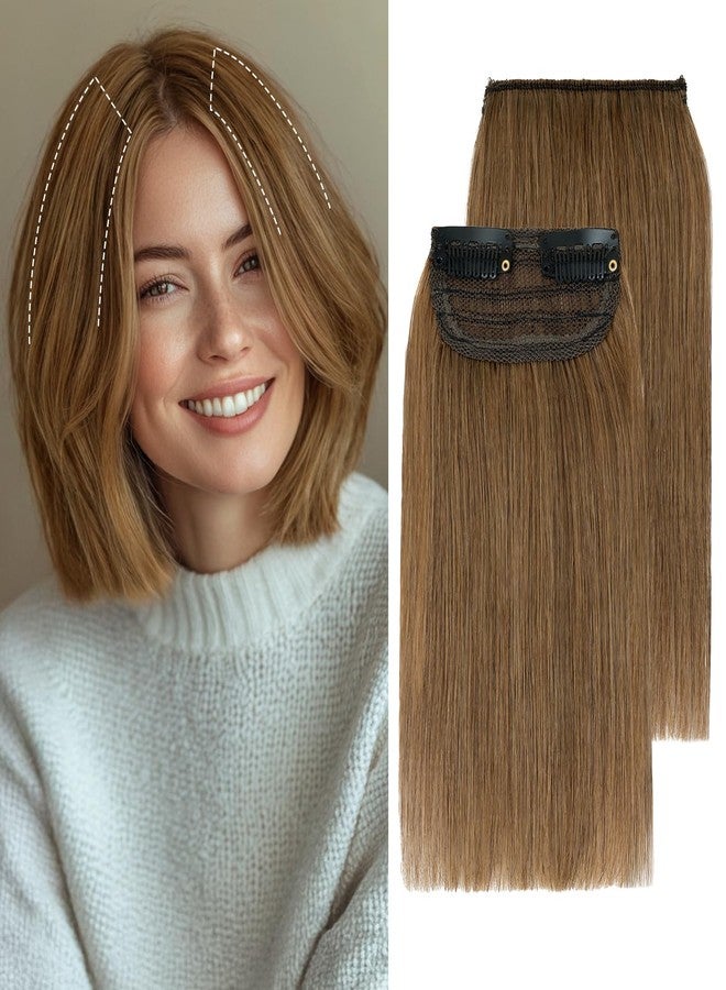 S-noilite Hair Extensions Clip in Human Hair 2PCS 2 Clips Hairpieces for Short Hair Remy for Women With Thinning Hair Add Volume 6 Inch Light Brown - Image 1